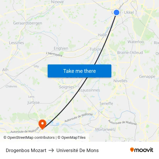 Drogenbos Mozart to Université De Mons map