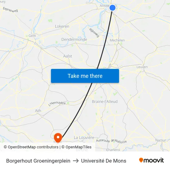 Borgerhout Groeningerplein to Université De Mons map