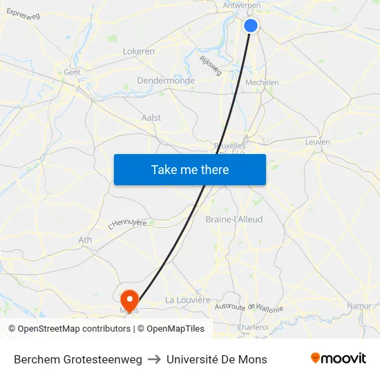 Berchem Grotesteenweg to Université De Mons map
