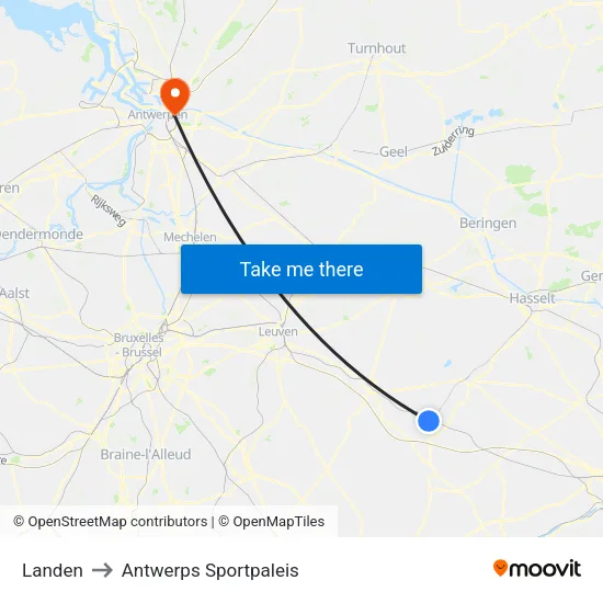 Landen to Antwerps Sportpaleis map