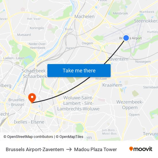 Brussels Airport-Zaventem to Madou Plaza Tower map
