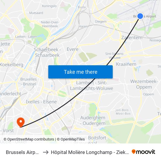 Brussels Airport-Zaventem to Hôpital Molière Longchamp - Ziekenhuis Molière Longchamp map