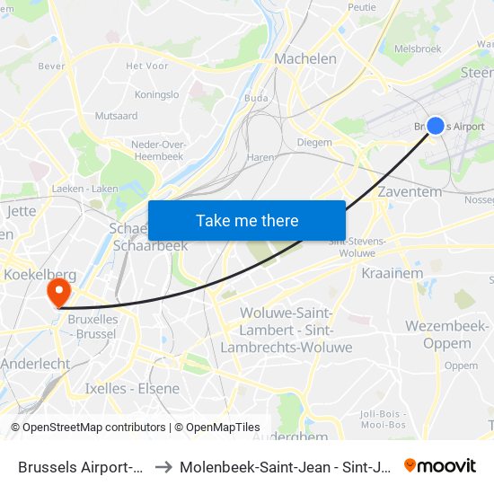 Brussels Airport-Zaventem to Molenbeek-Saint-Jean - Sint-Jans-Molenbeek map