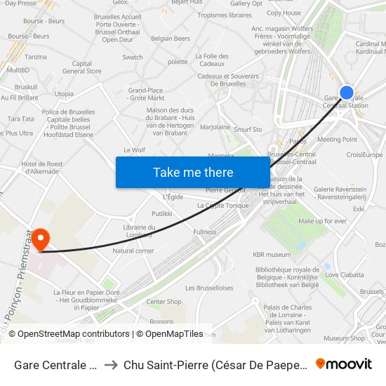 Gare Centrale / Centraal Station to Chu Saint-Pierre (César De Paepe) - Umc Sint-Pieter (César De Paepe) map