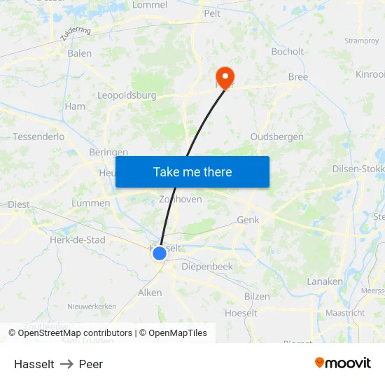 Hasselt to Peer map