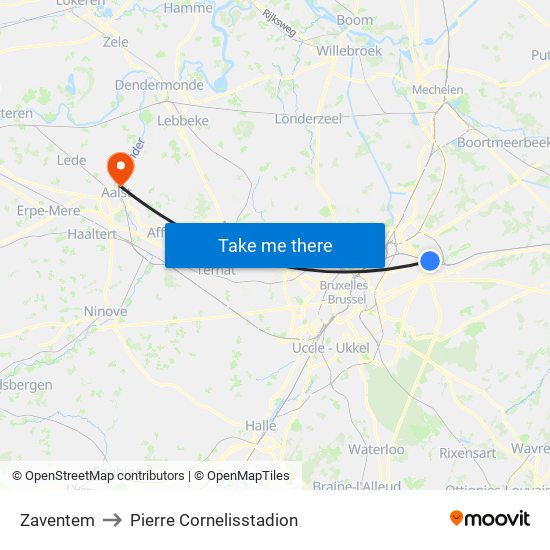 Zaventem to Pierre Cornelisstadion map