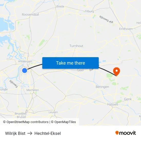 Wilrijk Bist to Hechtel-Eksel map