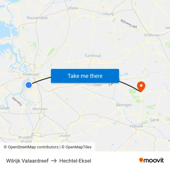 Wilrijk Valaardreef to Hechtel-Eksel map