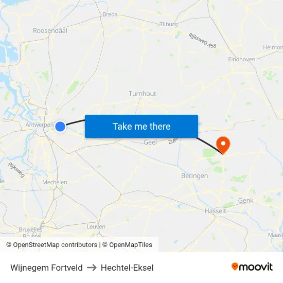 Wijnegem Fortveld to Hechtel-Eksel map