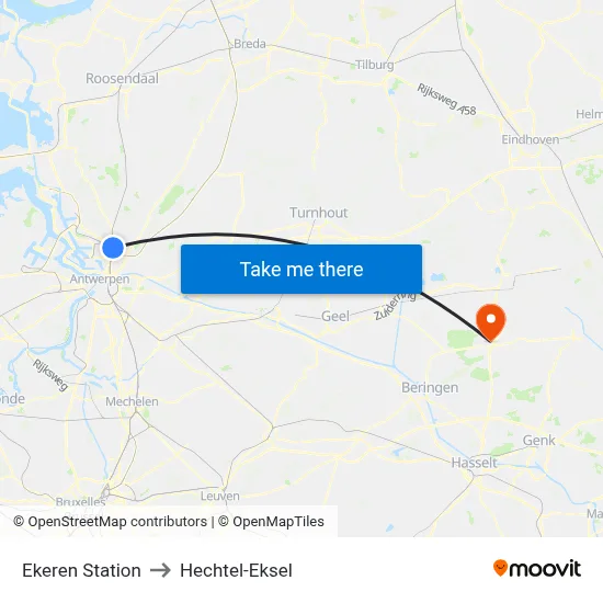 Ekeren Station to Hechtel-Eksel map