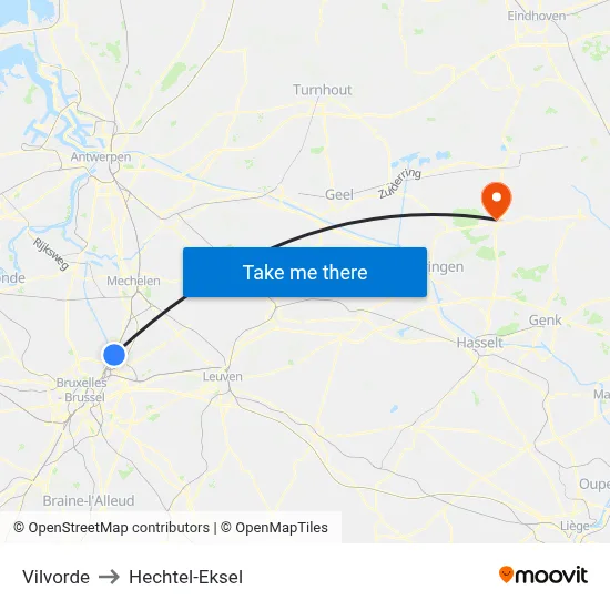 Vilvorde to Hechtel-Eksel map