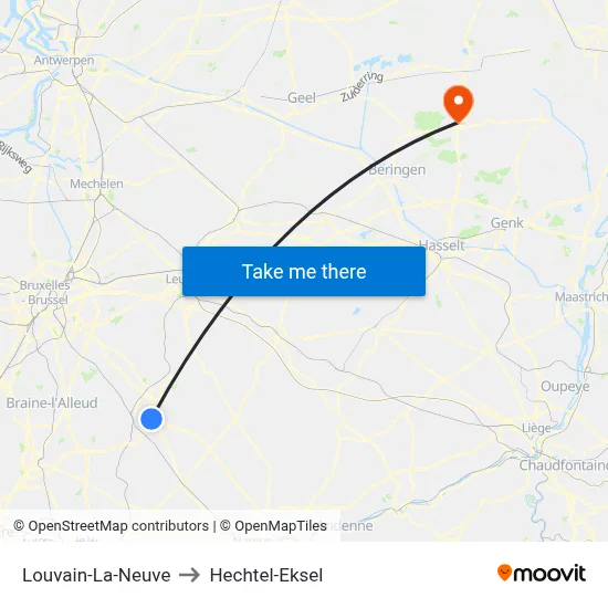 Louvain-La-Neuve to Hechtel-Eksel map