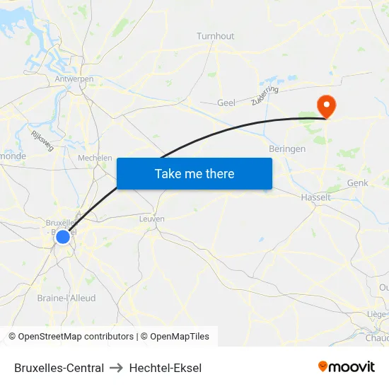 Bruxelles-Central to Hechtel-Eksel map