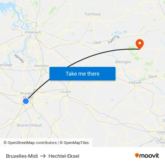 Bruxelles-Midi to Hechtel-Eksel map