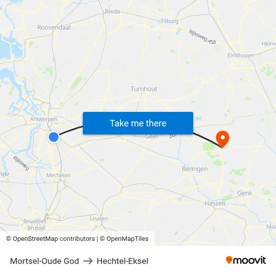 Mortsel-Oude God to Hechtel-Eksel map