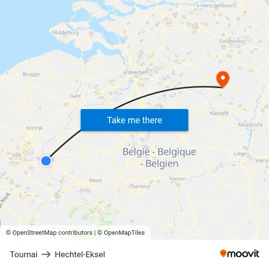Tournai to Hechtel-Eksel map