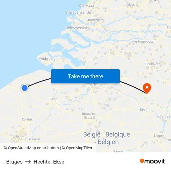 Bruges to Hechtel-Eksel map