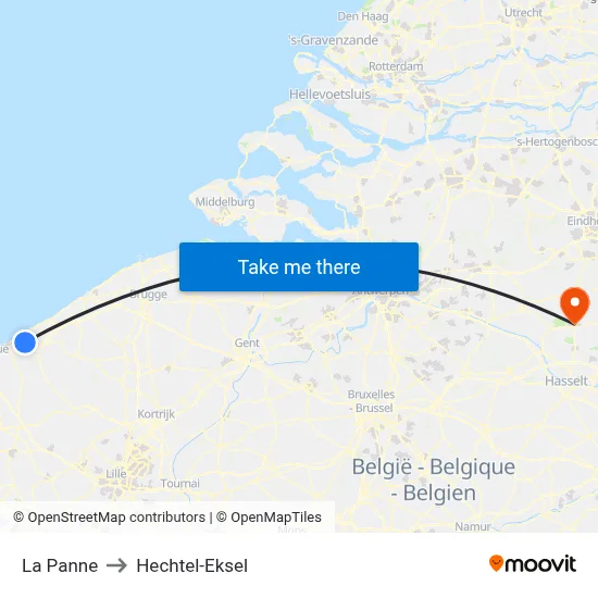 La Panne to Hechtel-Eksel map