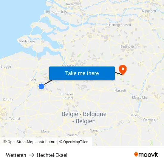 Wetteren to Hechtel-Eksel map