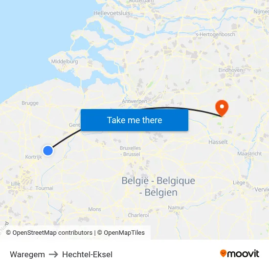 Waregem to Hechtel-Eksel map