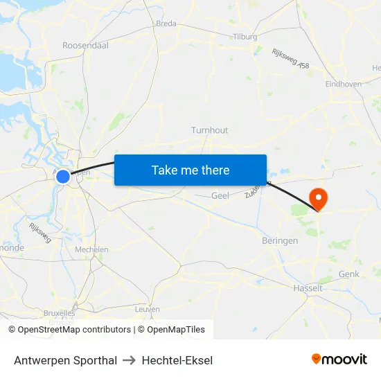 Antwerpen Sporthal to Hechtel-Eksel map