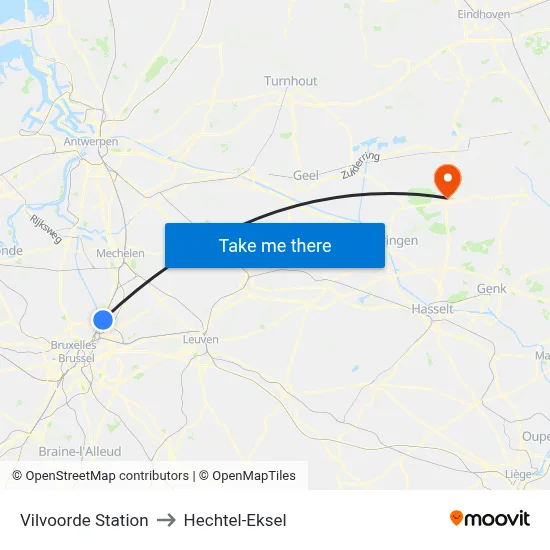 Vilvoorde Station to Hechtel-Eksel map