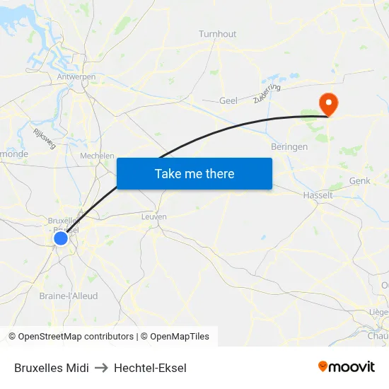 Bruxelles Midi to Hechtel-Eksel map