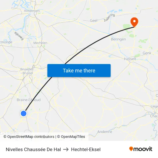 Nivelles Chaussée De Hal to Hechtel-Eksel map