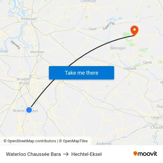 Waterloo Chaussée Bara to Hechtel-Eksel map