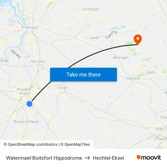 Watermael-Boitsfort Hippodrome to Hechtel-Eksel map