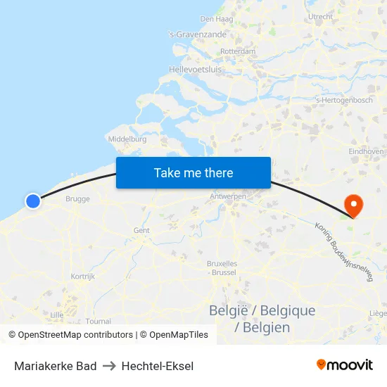 Mariakerke Bad to Hechtel-Eksel map