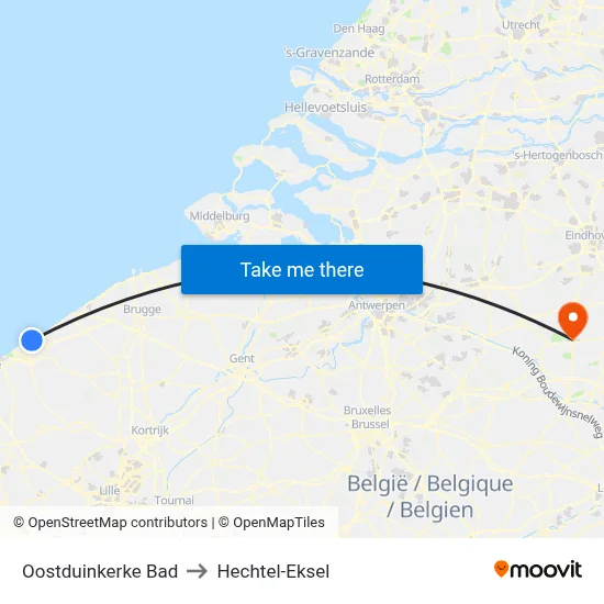 Oostduinkerke Bad to Hechtel-Eksel map