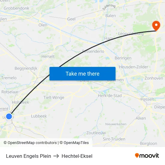Leuven Engels Plein to Hechtel-Eksel map