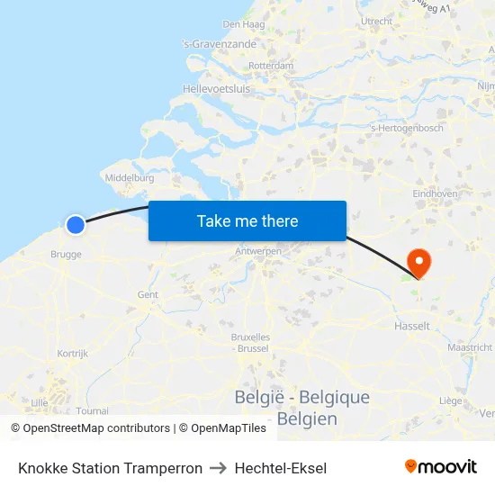 Knokke Station Tramperron to Hechtel-Eksel map
