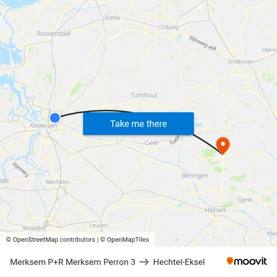 Merksem P+R Merksem Perron 3 to Hechtel-Eksel map