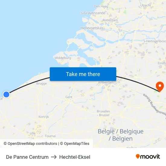 De Panne Centrum to Hechtel-Eksel map