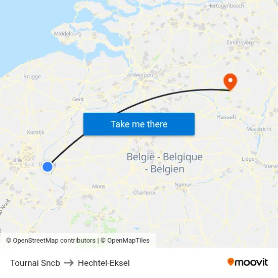 Tournai Sncb to Hechtel-Eksel map
