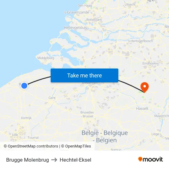 Brugge Molenbrug to Hechtel-Eksel map