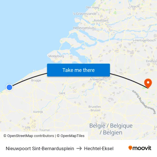 Nieuwpoort Sint-Bernardusplein to Hechtel-Eksel map