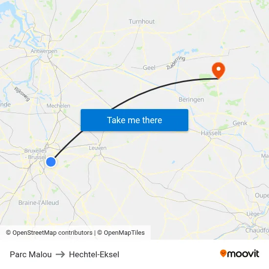Parc Malou to Hechtel-Eksel map
