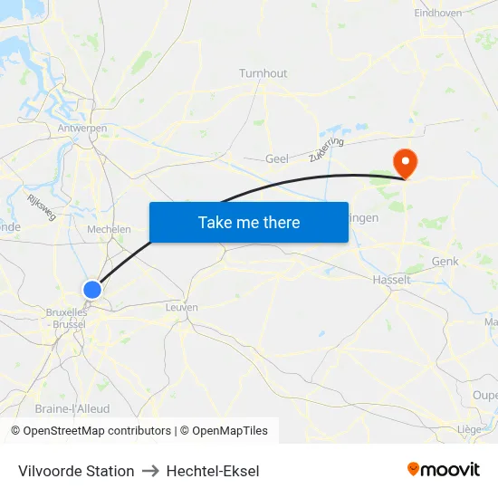 Vilvoorde Station to Hechtel-Eksel map