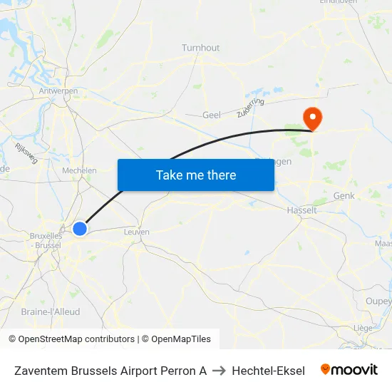 Zaventem Brussels Airport Perron A to Hechtel-Eksel map