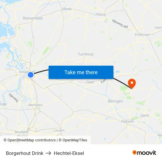 Borgerhout Drink to Hechtel-Eksel map