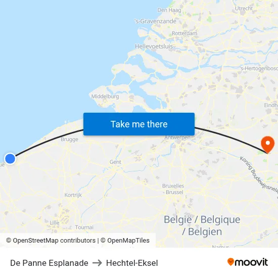 De Panne Esplanade to Hechtel-Eksel map