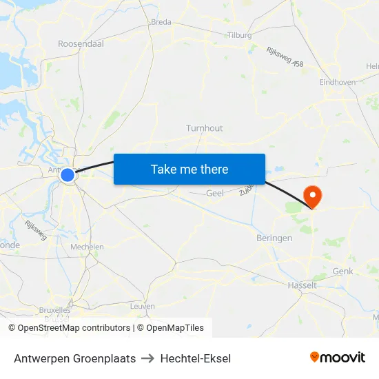 Antwerpen Groenplaats to Hechtel-Eksel map