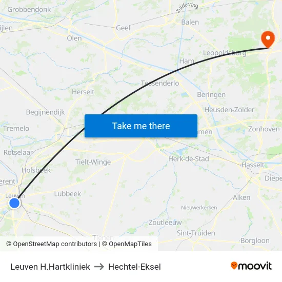 Leuven H.Hartkliniek to Hechtel-Eksel map