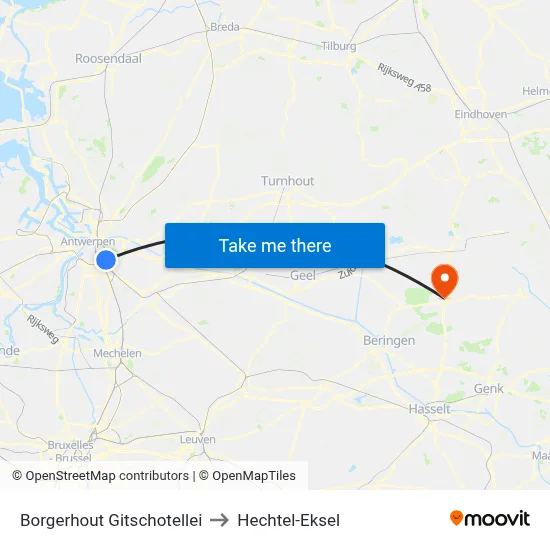 Borgerhout Gitschotellei to Hechtel-Eksel map