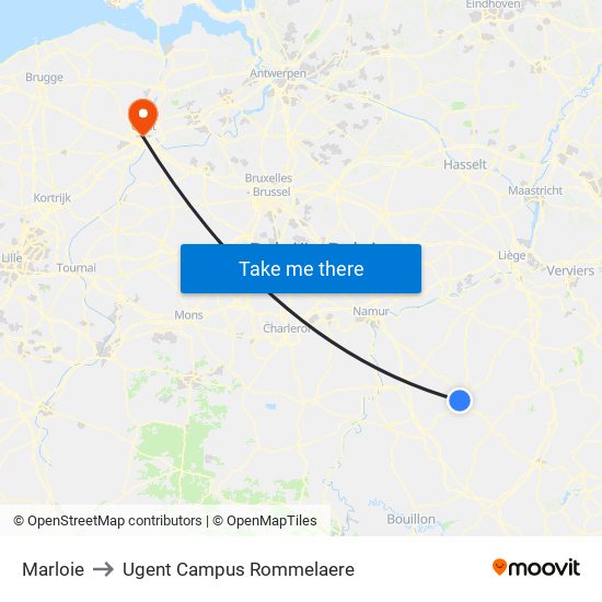Marloie to Ugent Campus Rommelaere map