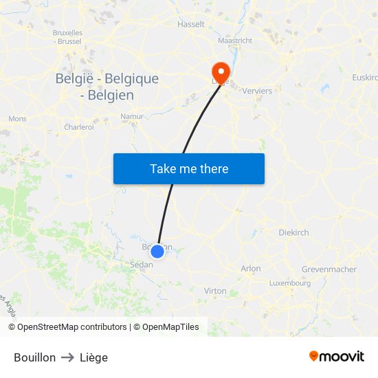 Bouillon to Liège map