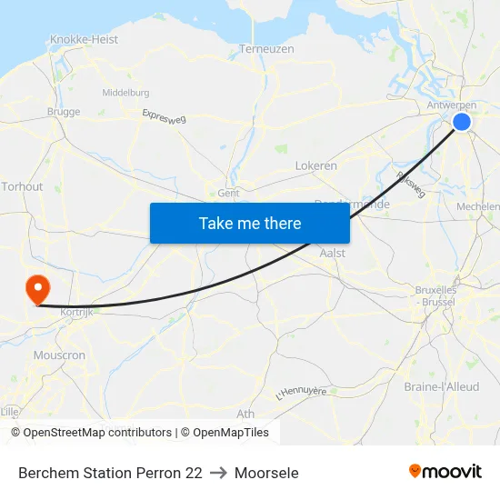 Berchem Station Perron 22 to Moorsele map